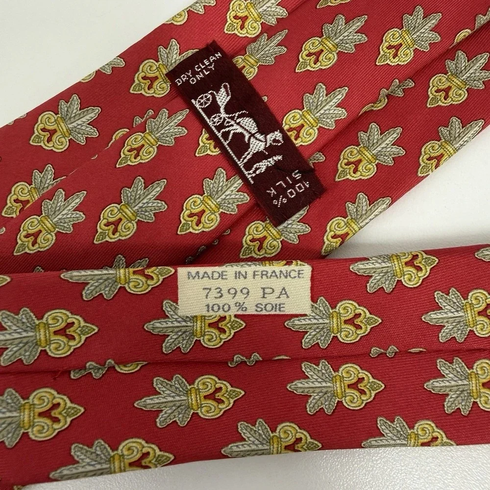Hermes Men's Tie Floral Plant Vase Red/Green/Gold Silk 7399 PA 3.25